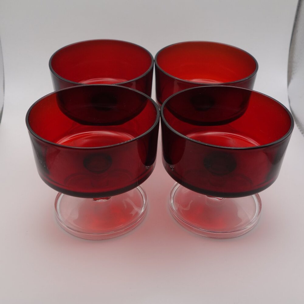Set of Four(4) France Red Glass Wide Glasses with Thick Circular Base
